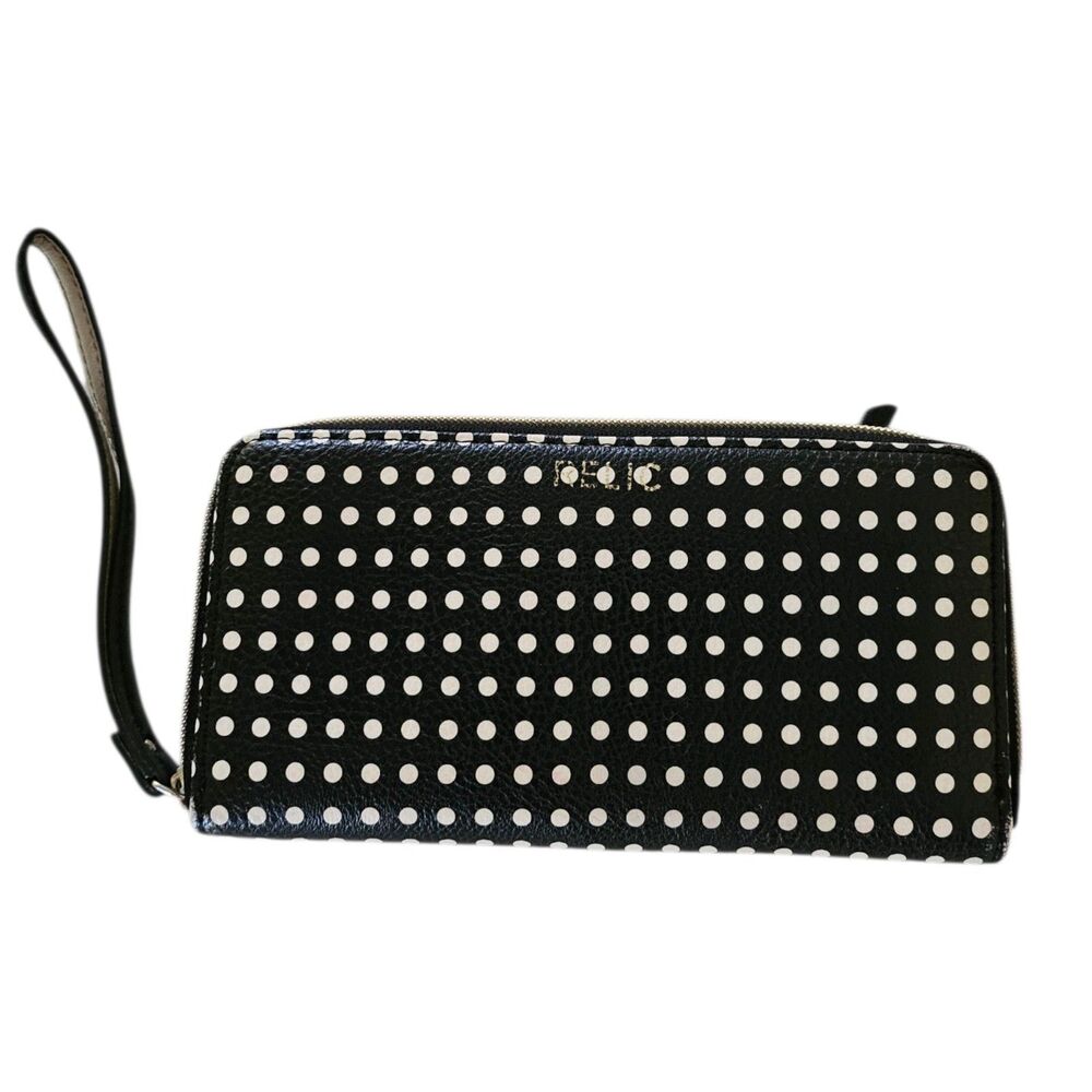 Relic Wristlet Wallet Black‎ White Polka Dot Leather Zip Arround Credit Cards